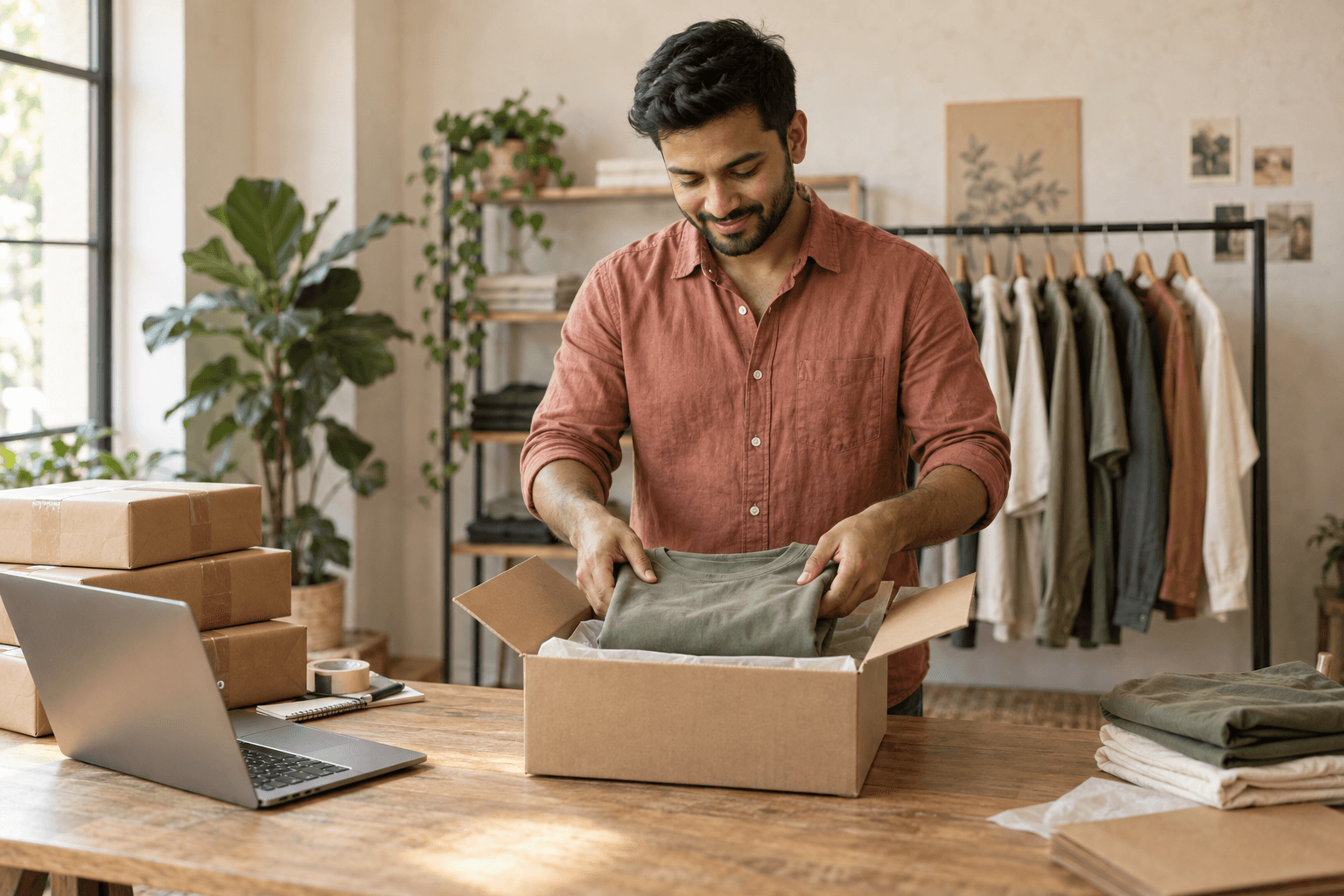 Online apparel store owner packing a customer order