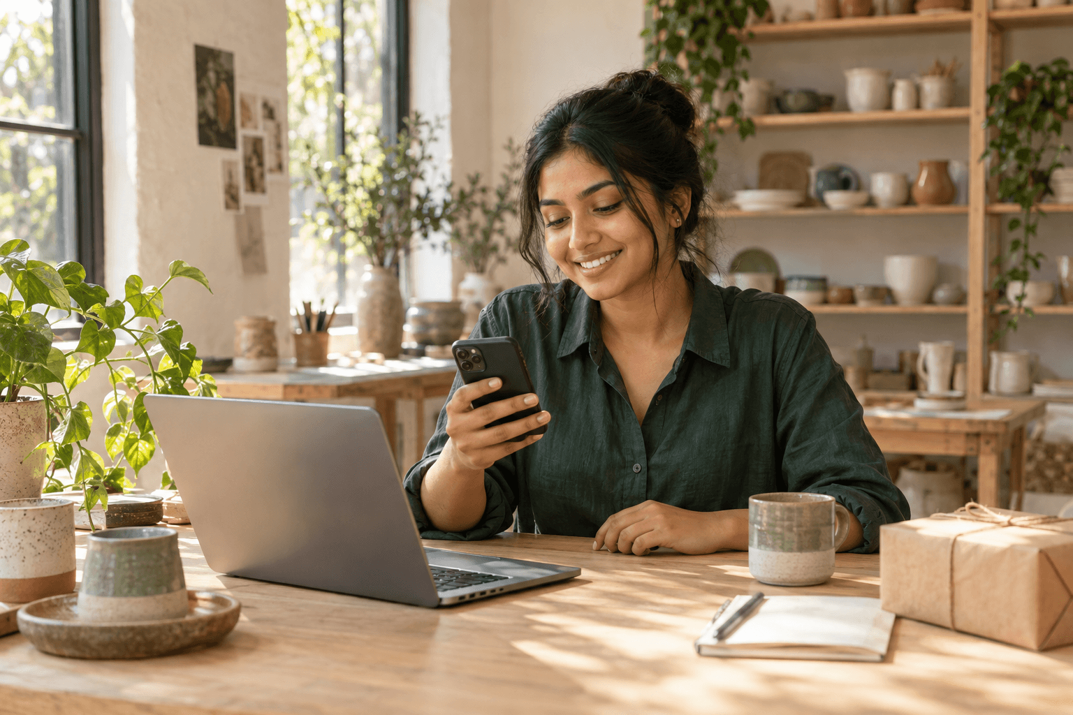 A small business owner connecting with customers from her ceramics studio